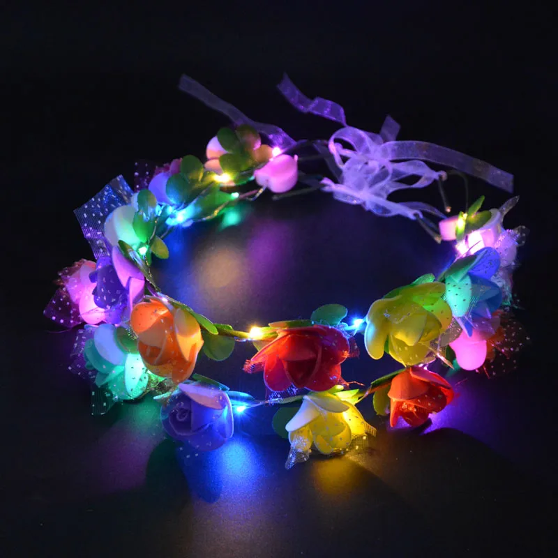 

Woman Girl Flashing Glow Artificial Flowers Headband Light Rave Hair Garland Wreath LED Glow Party Decoration Wedding Supplies