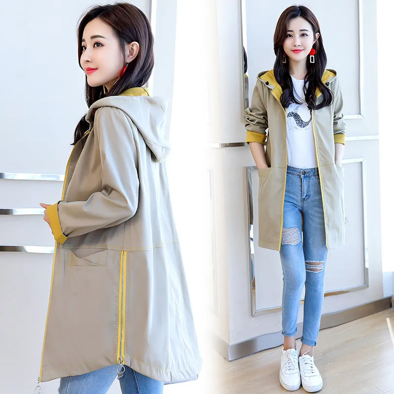 

Women's Jacket 2019 Spring Autumn New Long Sleeve Hooded Windbreaker Female Fashion Windproof Large Size Casual Outerwear M63