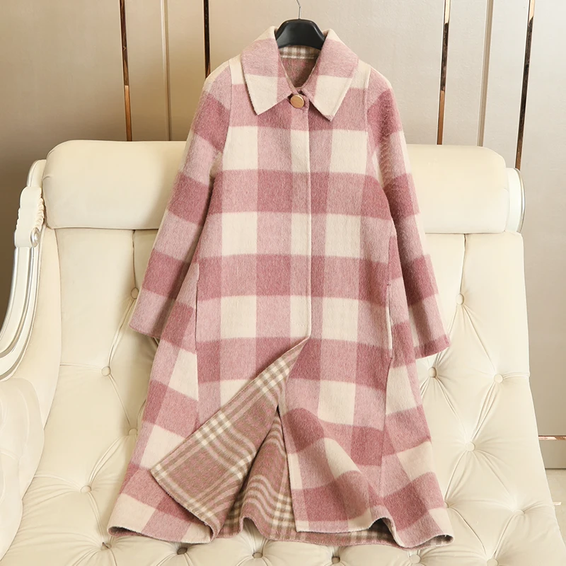 2018 New Winter 100% Cashmere Alpaca Coat Women's Long Plaid Amtumn Lady Lattice Woolen Wide-waisted Regular | Женская одежда