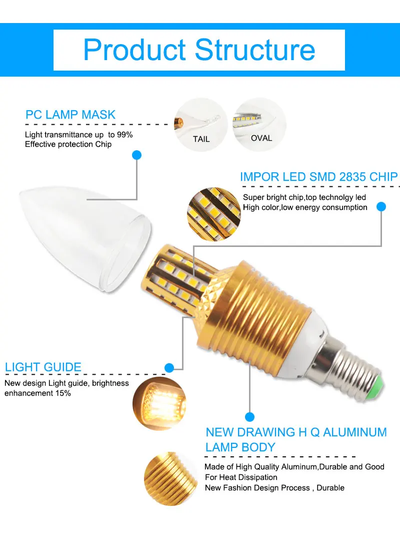 =(K) = 10 шт. светодиодный светильник E14 220 в 7 Вт 9 Вт 12 Вт золотисто-серебристый алюминиевый светильник в виде свечи для хрустальной люстры Lampara Ampoule