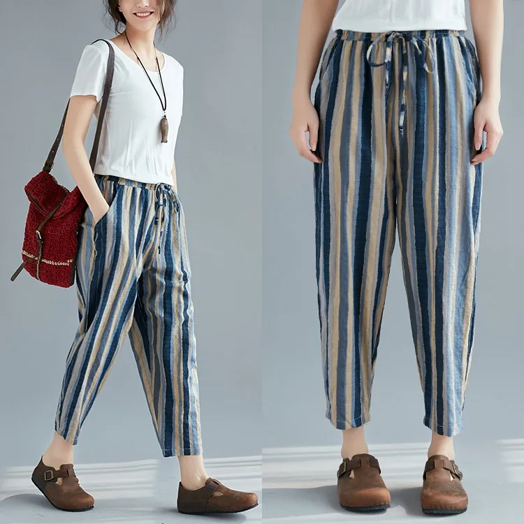 

Fashion Striped Pants Women's Elastic Waist Striped Ankle-Length Harem Pants 2018 Spring New Arrival Cotton Linen Trousers