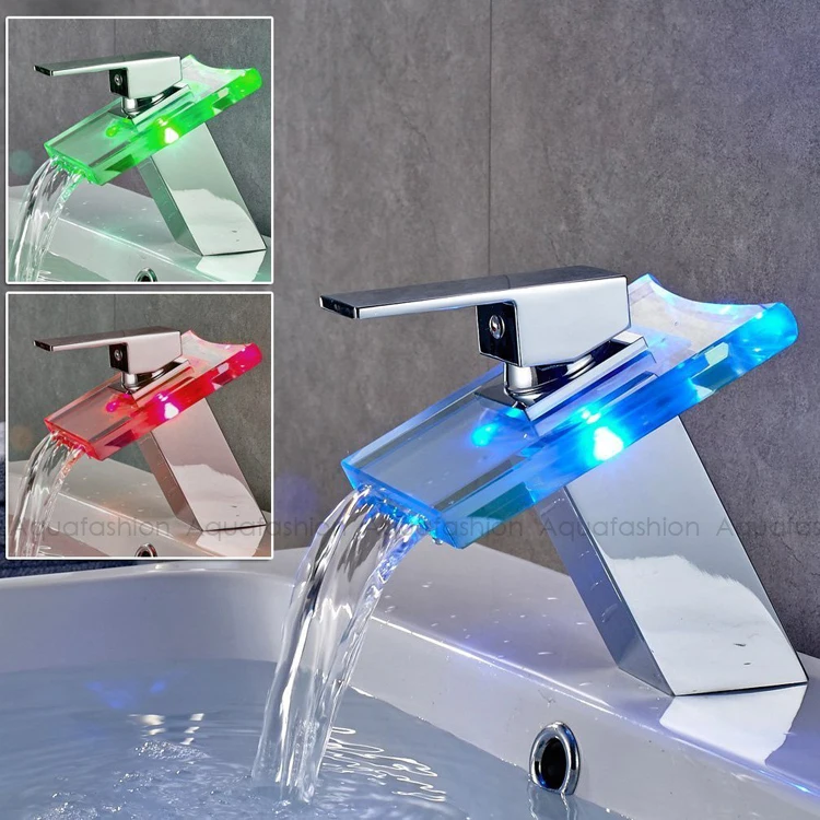 LED Faucets LED Light Waterfall Bathroom Faucet Glass Bathroom Wash Basin Taps Deck Mounted (5)