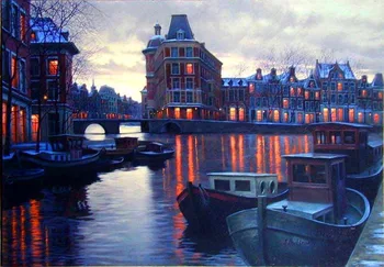 

Modern handmade painting nightlight at riverside of city on city river on oil canvas for home decor and wallpaper