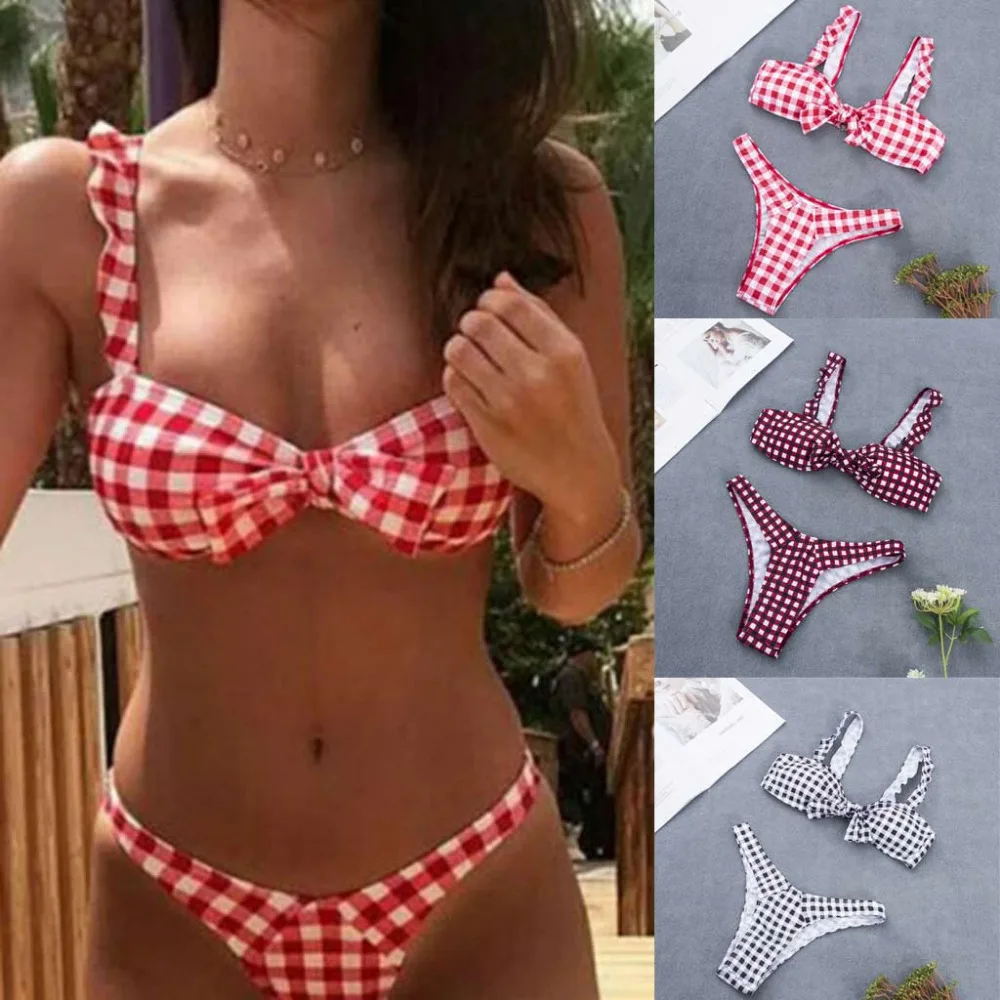 

Stylish Women Bodysuit Sexy Plaid Backless Camis Push-Up Padded Beach Halter Bikini Swimwear Summer Ladies Swimwear Girls Bikini
