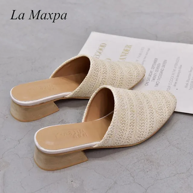 La MaxPa Women Cane Weave Mules Round Toe Flat Heel Sandals Slip On Slides Summer Slippers Size 35-40 Round Toe Straw Flat Heel