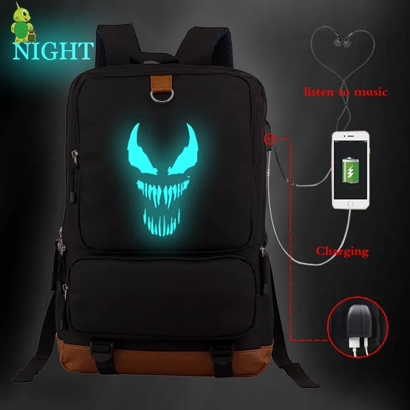 

Venom Eddie Comics Hero USB Charge Backpack School Bags for Teenagers Luminous Women Men Laptop Backpack Large Travel Rucksack