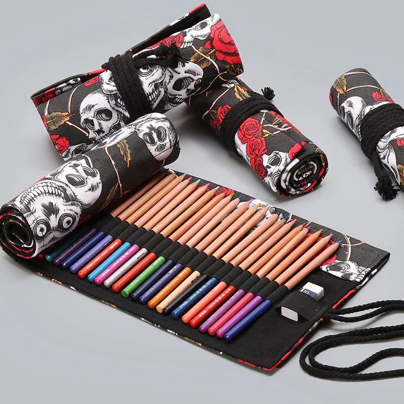 

Cartoon Grim Skull Rose Flower Canvas Pencil Case School Box12/24/36/48/72 Holes Roll Art Marker Pen Bag for Girls Boys Cosmetic