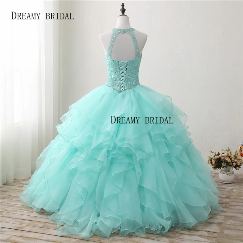 Bridal Quinceanera Ball Gown Dresses Beading Halter Vestidos de 15 Anos Lace Up Ruffles Debutante Longo Organza