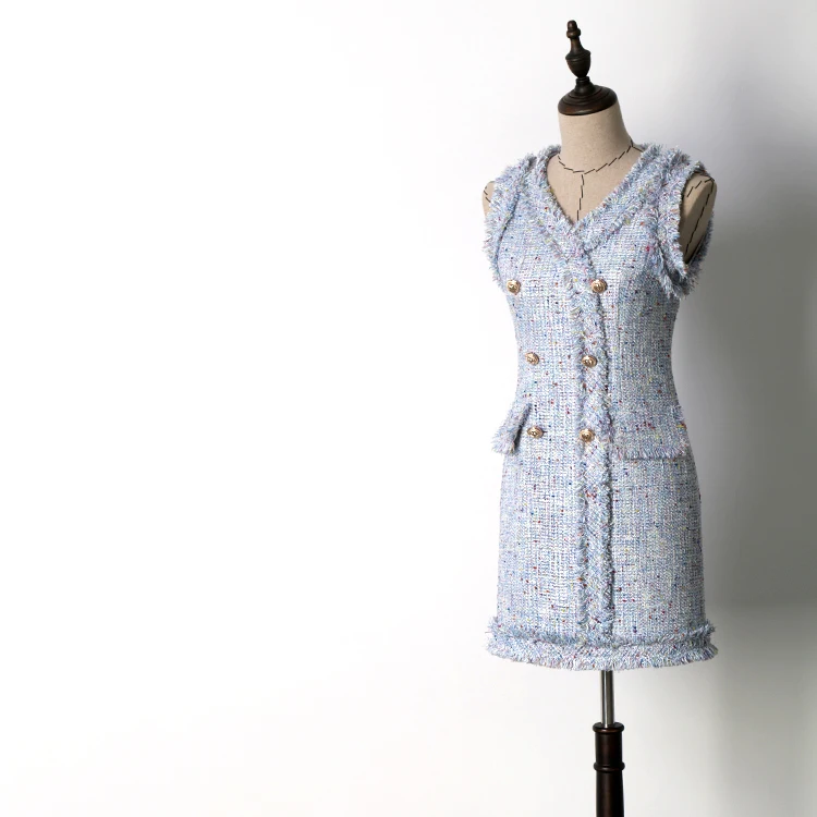 

Women fashion sexy double breasted gold color button tweed dress tassel sleeveless sheath mini dresses new 2018 autumn blue