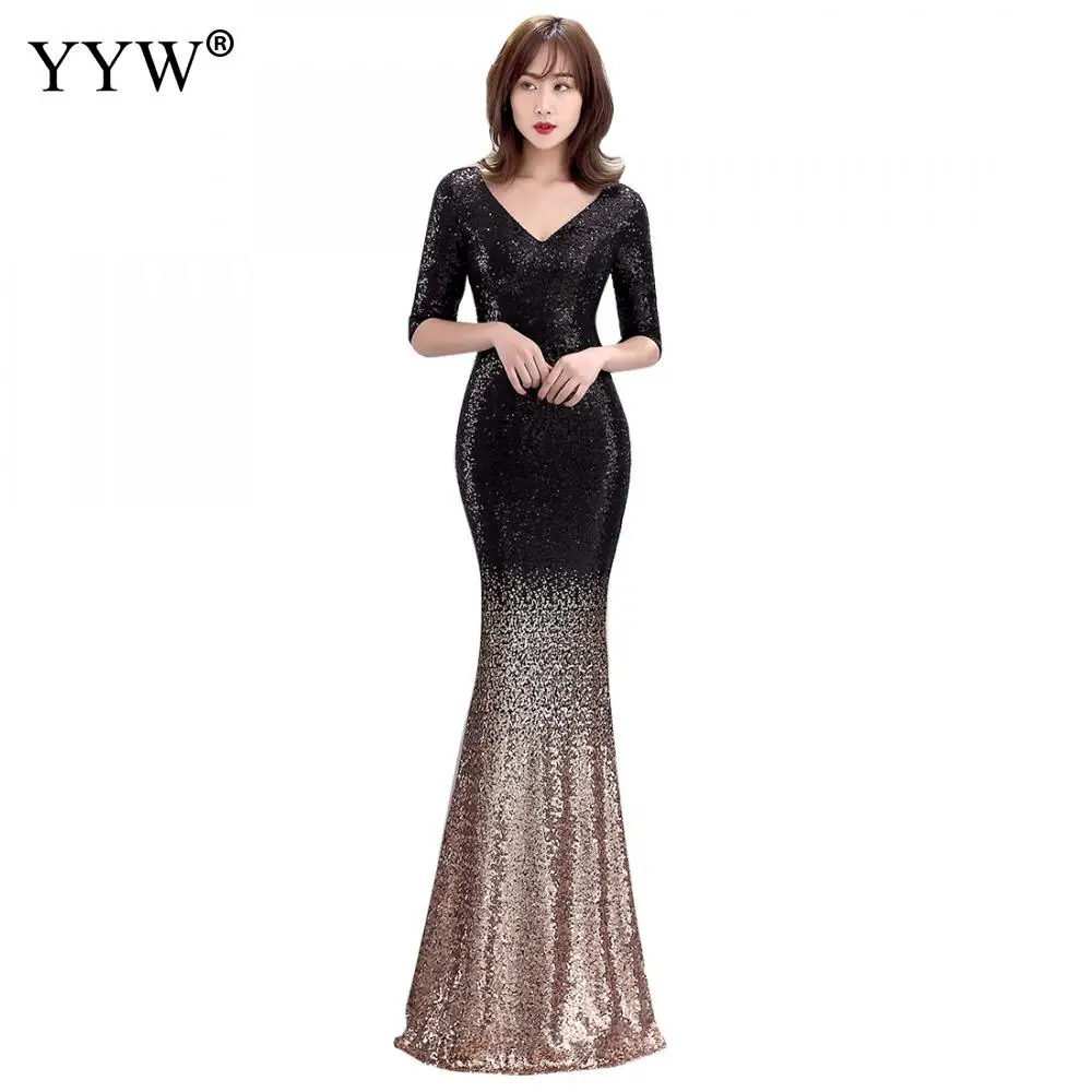 Fashion Long Evening Dresses Vintage Sequin Gradient Mermaid Dresses Women V Neck Half Sleeve Elegant Formal Club Party Vestidos