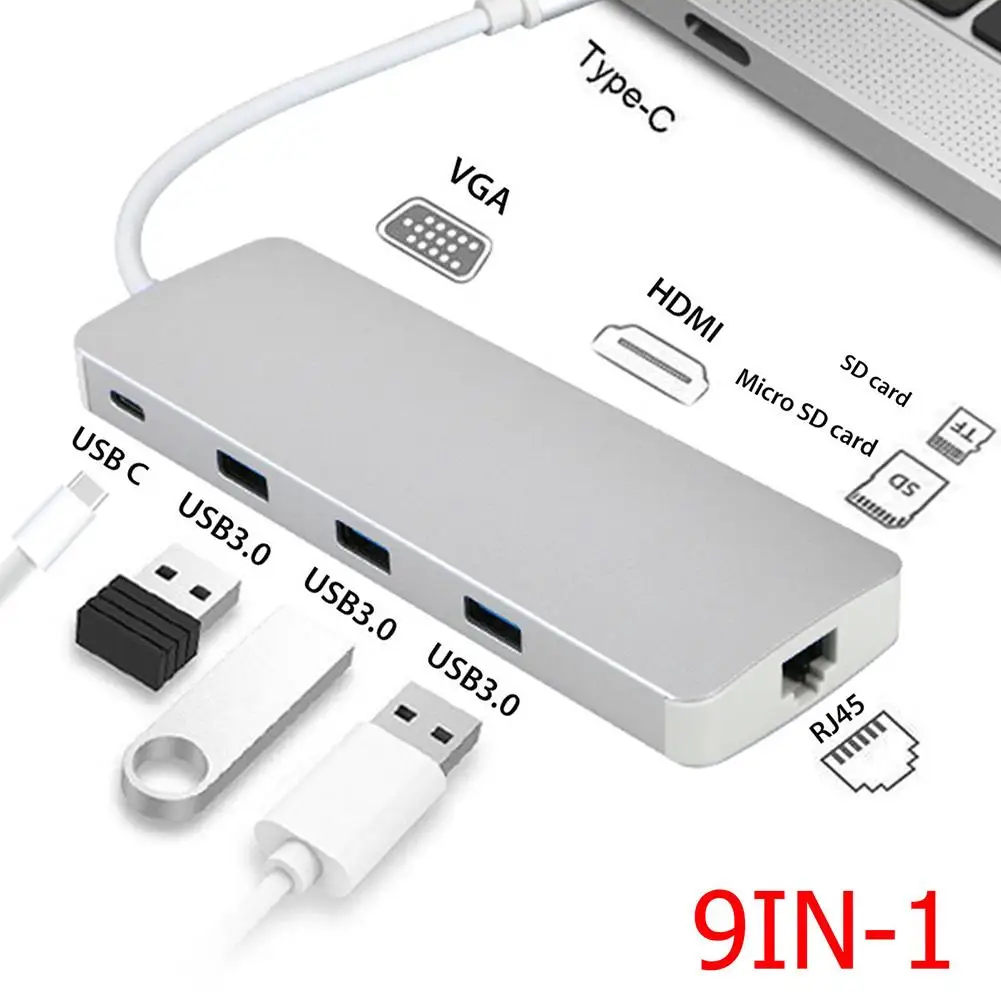 

9 in 1 Type C to 4K HDMI VGA RJ45 Ethernet USB 3.0 Hub Adapter Converter for PC