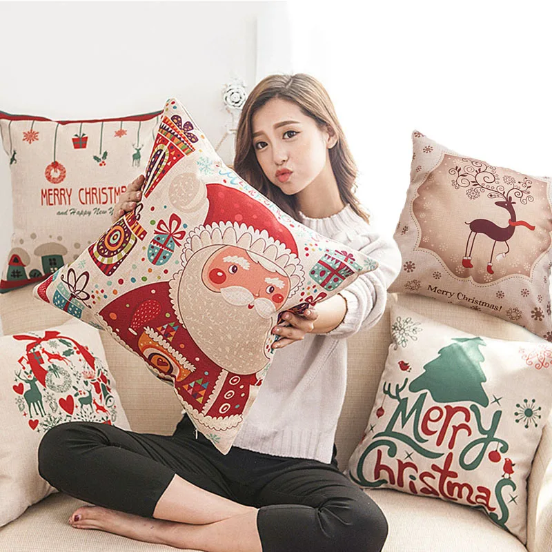 

1Pcs 45*45 cm Christmas Decorations Home Cartoon Elk Linen Decorative Pillows Cover for Happy New Year Navidad Natal Home Decor