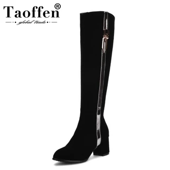 

TAOFFEN Women Knee Boots Woman Suede Leather Square Heel Bootines Mujer Ladies Brand Zipper Heels Footwear Shoes Size 31-43