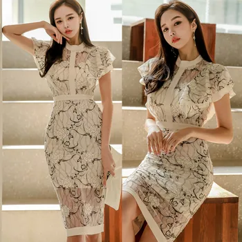 

2019 Plus Size Lace Dress Vadim Women's Clothing Summer Dress Ol Temperament Slim Lotus Leaf Sleeve Hip Sexy Lace Print Woman