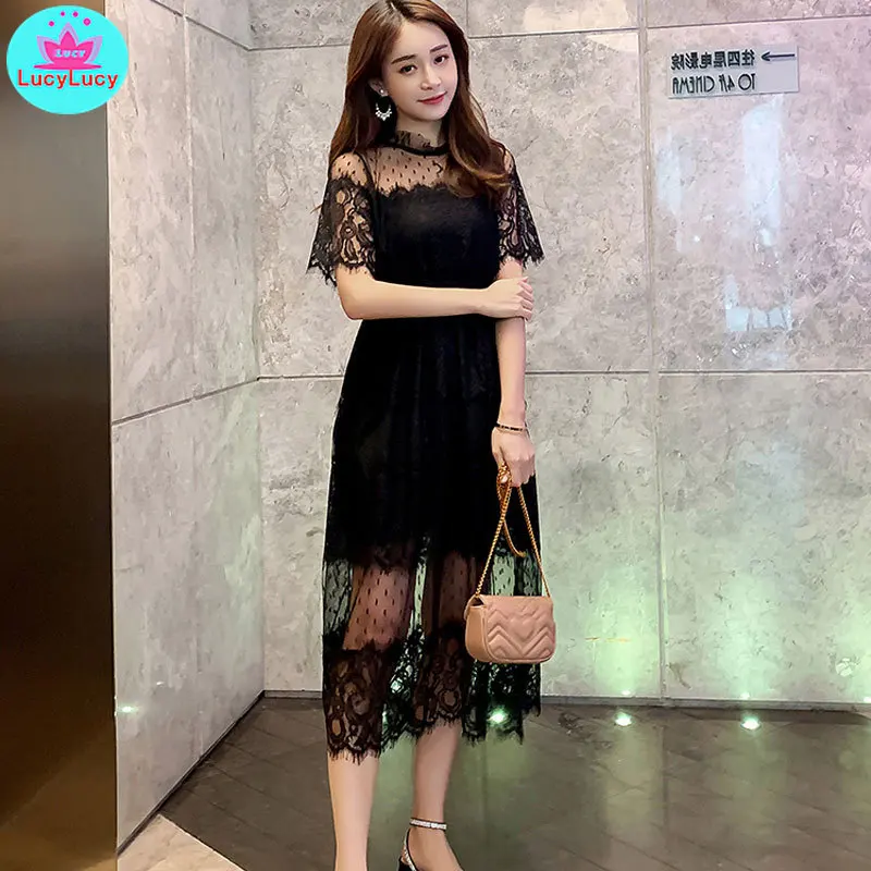 

Large size women's 2019 summer new Korean version of the giant thin eyelash lace stitching temperament dress