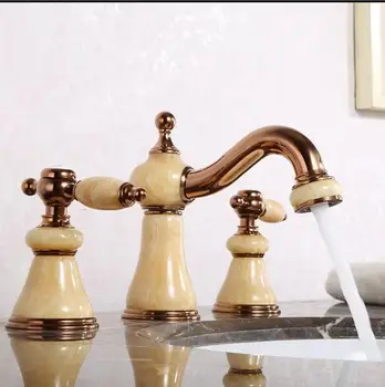 

New Arrivals luxury 3 holes basin faucet high quality water tap brass and jade rose gold plating widespread basin sink faucet