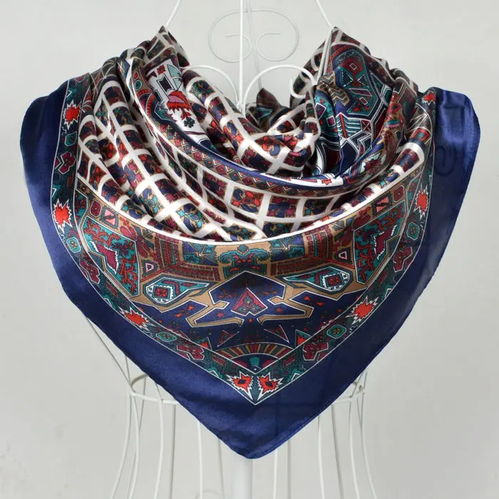 Женский сатиновый большой квадратный шелковый шарф в богемном стиле 90*90 см, красный, синий, разноцветный шарф, шарфы 90*90 см, женский шелковый шарф с принтом - Цвет: navy blue plaid