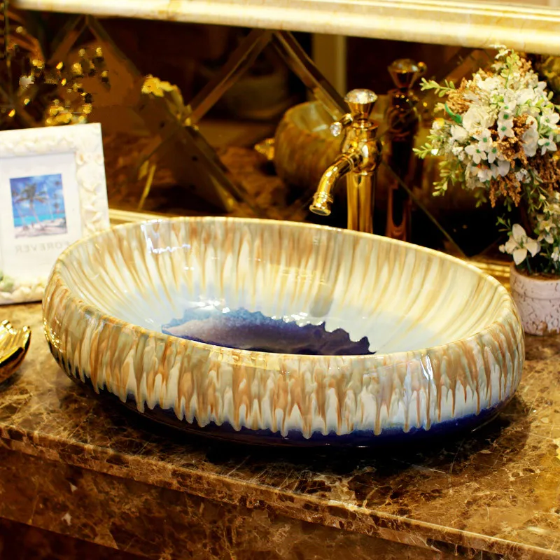 Colourful gray and blue glazed porcelain bathroom vanity bathroom sink bowl countertop Oval Ceramic bathroom sink wash basin Colourful gray and blue glazed porcelain bathroom vanity bathroom sink bowl countertop Oval Ceramic bathroom sink wash basin
