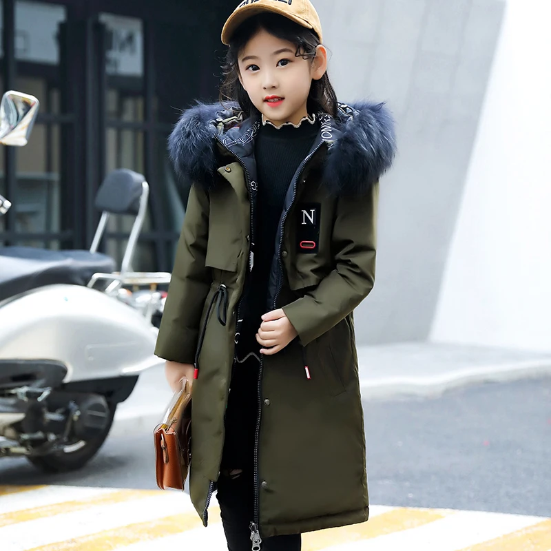 Детский Зимний пуховик для девочек Новинка года, длинное плотное пальто с меховым капюшоном для девочек теплая парка подростковая одежда для детей возрастом 10, 12, 14 лет - Цвет: Army Green