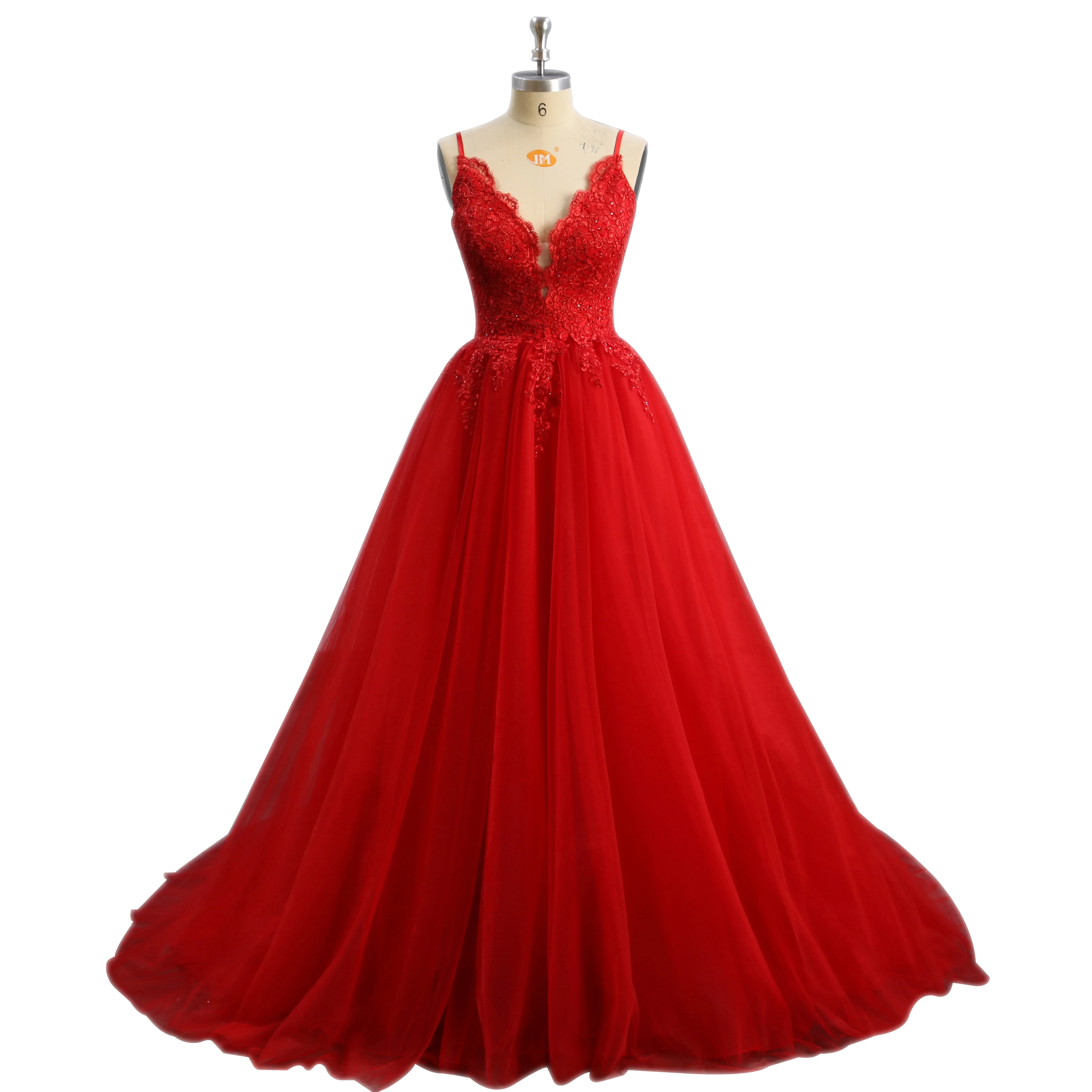 

Spaghetti Straps Lace Appliqued Beading A Line Tulle Prom Gown