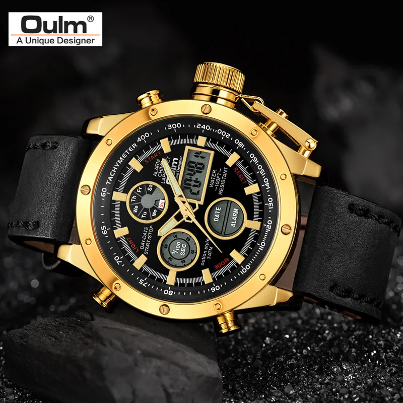 Oulm часы мужские часы лучший бренд класса люкс двойной дисплей спортивные водонепроницаемые кожаный ремешок золотые мужские наручные часы Relogio Masculino