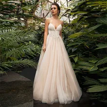 Бальное платье трапециевидной формы свадебное платье v-образный вырез Спагетти ремень Кружевная аппликация для принцессы Свадебное платье простое без спинки