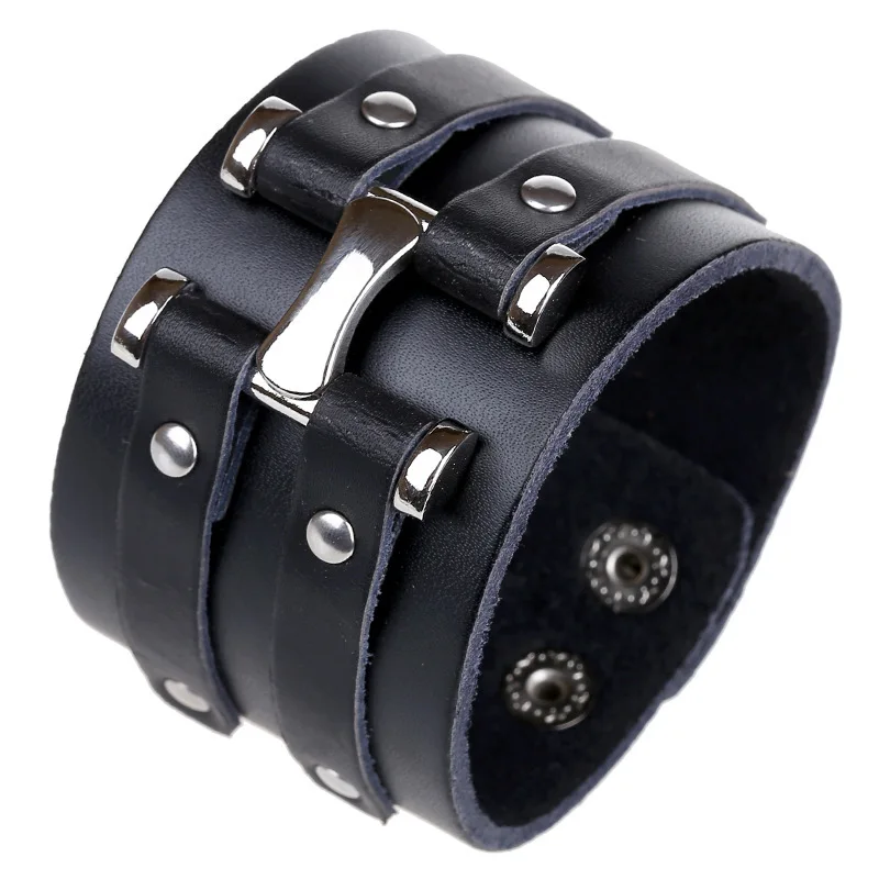 European PUNK Genuine Wide Leather Bracelet 2017 Fashion Black Retro