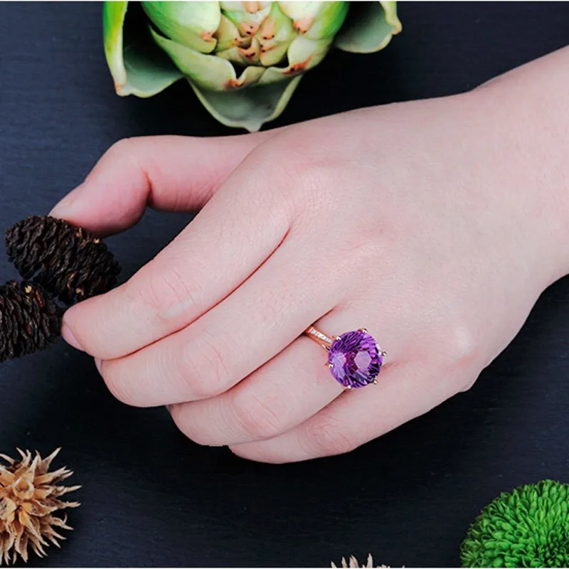 Уникальные фиолетовые кольца для женщин, натуральный камень, круглые бусины, повседневное кольцо на палец, Фиолетовый Кристалл, кварц, розовое золото, вечерние ювелирные изделия