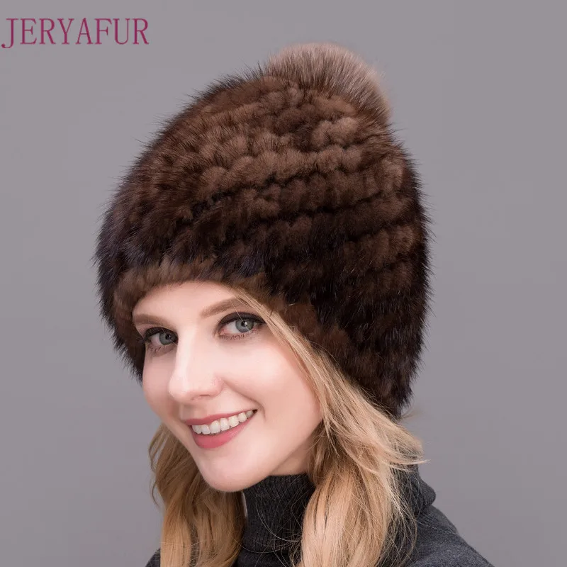 

2017 Hot Style Fashion Winter Warm Women's Knitting Caps Real Mink hats 4 Colors Available Pineaple Shape Hat With Fox Pompom