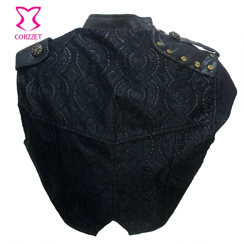 Greatest  Retro Punk Black Floral Lace & PU Leather Sleeveless Gothic Jacket Women Short Bolero Outwear Women