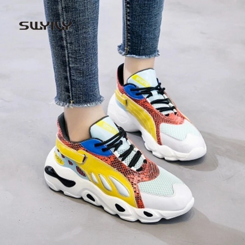 SWYIVY Women Running Shoes Colorblock Lace-up 2018 New Spring Autumn Women Sneakers Hard-wearing Sport Shoes Women Light Weight