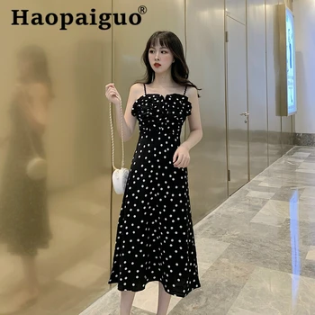 

Plus Size Print Polka Dot Dress Women Spaghetti Strap Casual Vintage Black Dress Women Midi Summer Dress 2019 Vestidos De Verano