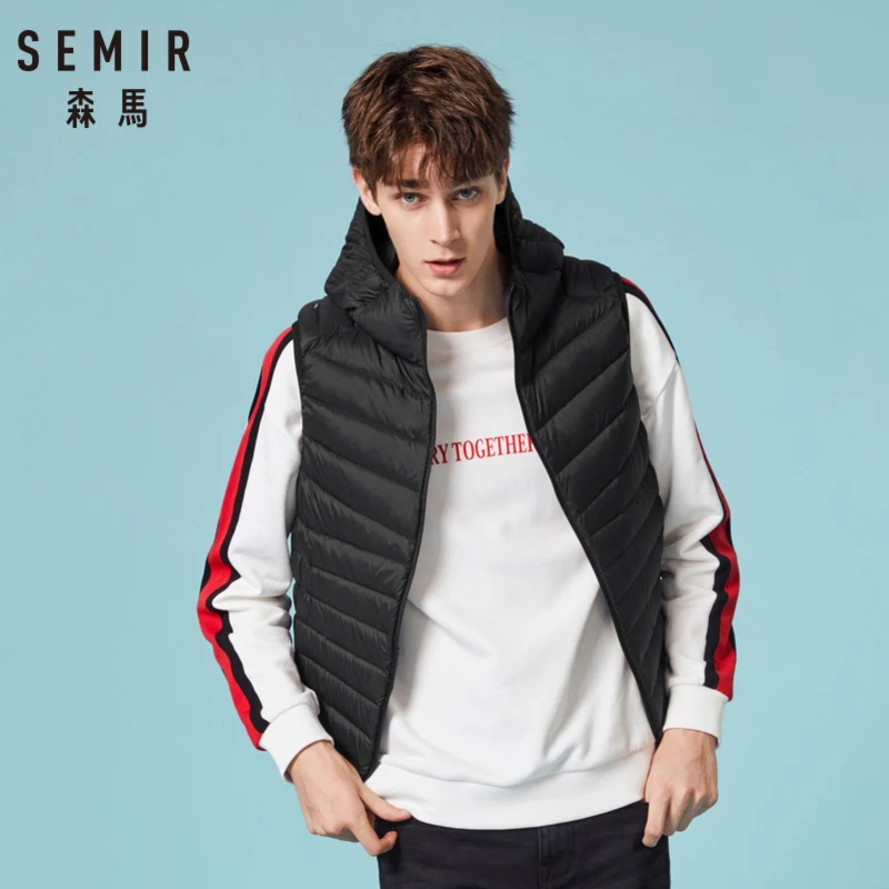 Cena SEMIR mężczyźni pikowana lekka kamizelka z kapturem dół z kieszenią na zamek z kapturem kamizelka rozdymka Chinlon podszyta wewnętrzna kieszeń zapięcie na zamek