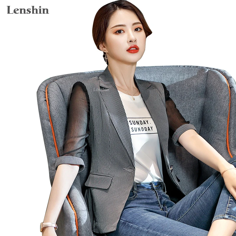 Lenshin полосатая куртка для женщин Лоскутная Женская Повседневная стильная дышащая куртка блейзер с короткими рукавами верхняя одежда на одной пуговице