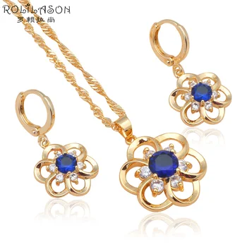 

CZ Cubic zirconia yellow Gold Plated Blue Crystal zirconia Zirconia Health Earrings Necklace JS591