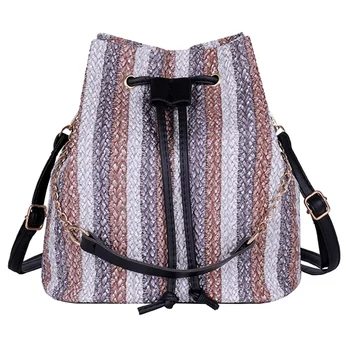 

TFTP-New Drawstring Women'S Straw Bucket Bag Summer Woven Shoulder Bags Shopping Purse Beach Handbag Straw Handbags Travel Bag