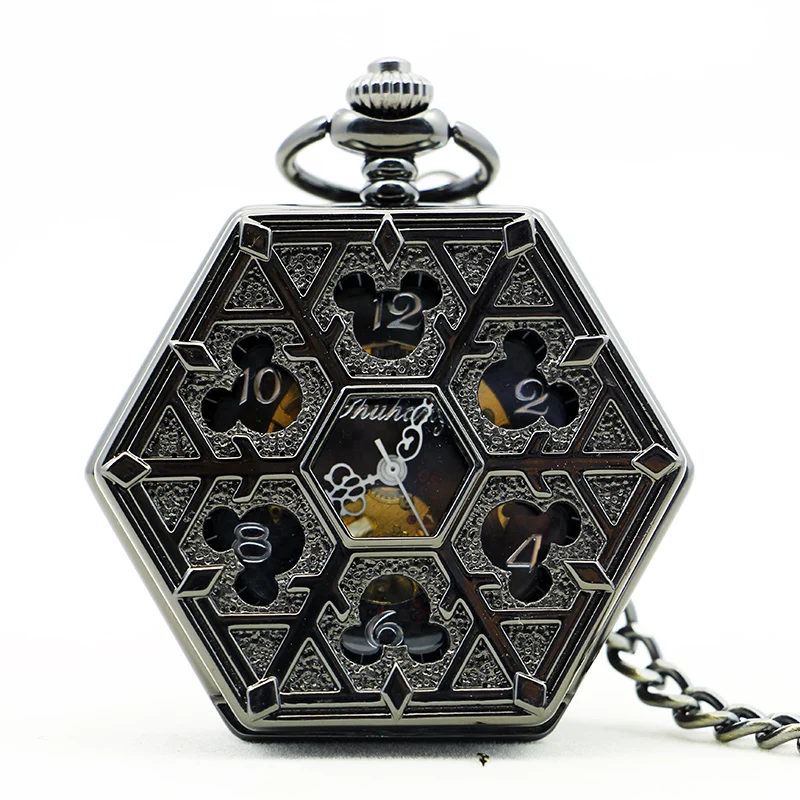 

New Arrival Mouse Pattern Case Hollow Roman Number Hollow Skeleton Dial Hand-Wind Mechanical Pocket Watch With Fob Chain PJX1144