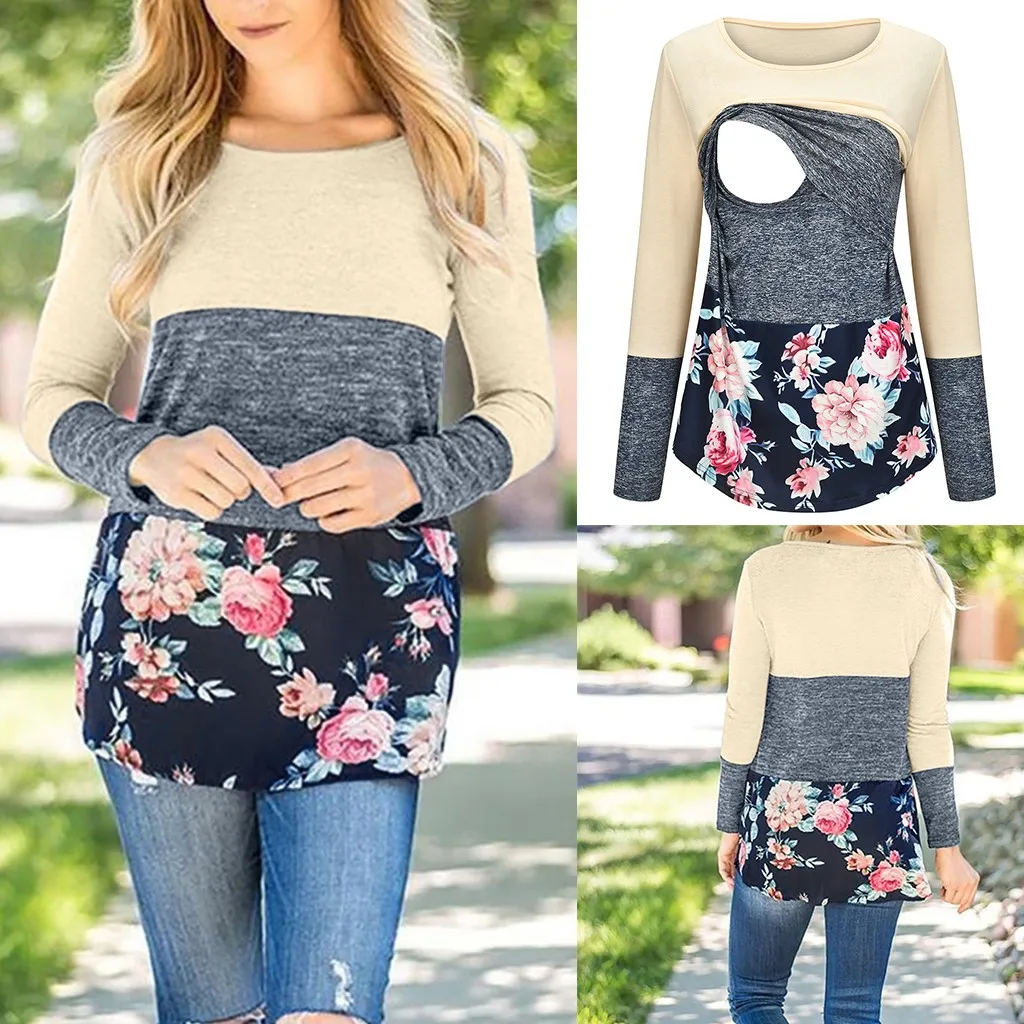 

Maternity Autumn Clothes Props Women Long Sleeve Nursing Floral Printed Nursing Tops Pregnancy T-shirt Lactancia Ropa Plus Size