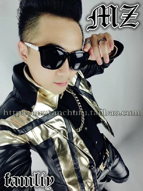 S-5XL Для мужчин брендовая модная певец мужчинf DJ GD золота кожаная куртка Для мужчин черный отороченный костюмы Куртки пальто
