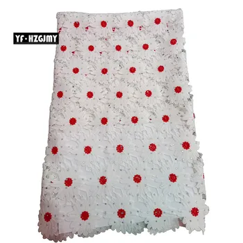 

YF HZGJMY Nigerian Lace Fabric for Wedding White/Red Guipure Lace African Embroidery Cord Lace Fabric with Rhinestones A1645