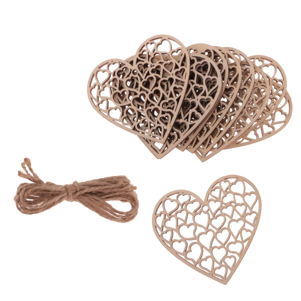 10x Vintage Wood Hanging Hearts Tags with Twine Chic Shabby Wedding Decor DIY