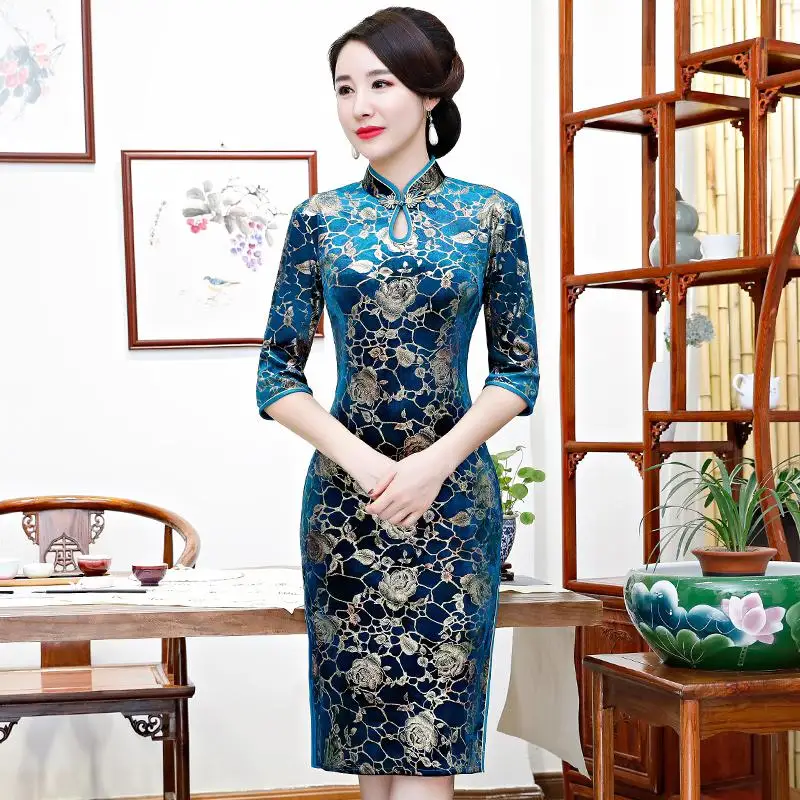 Плюс размеры S-5XL по колено Cheongsam винтаж китайский стиль платье Весна Женские Велюр Qipao Тонкий платья для вечеринок и пуговицы Vestido - Цвет: Light Blue