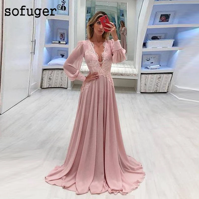 Розовые вечерние платья с длинным рукавом Кружева шифон Robe De Soiree Плюс Vestidos De Fiesta De Noche Арабский мусульманский для особых случаев