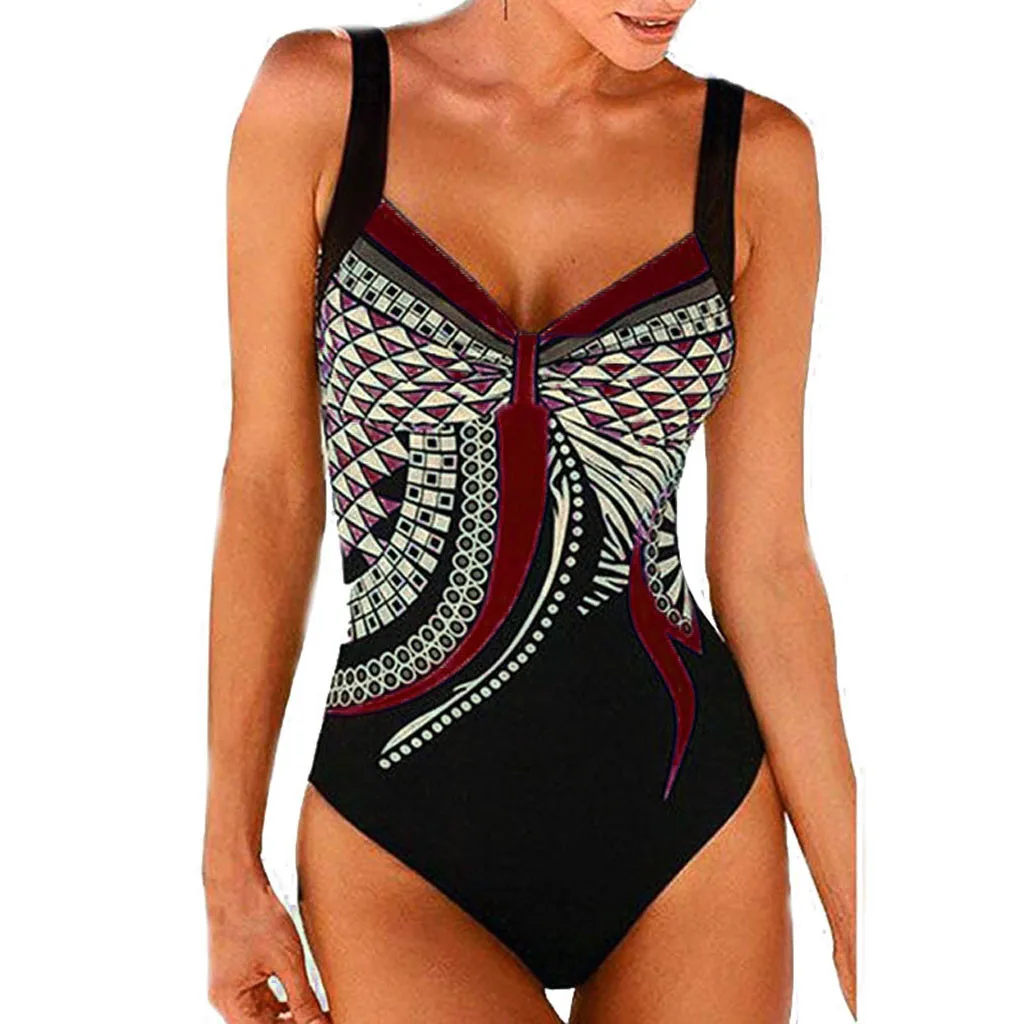 

CHAMSGEND2019 SummerNew ladies retro print halter strap bikini one piece swimsuit sexy shoulder strap bikini swimsuit women