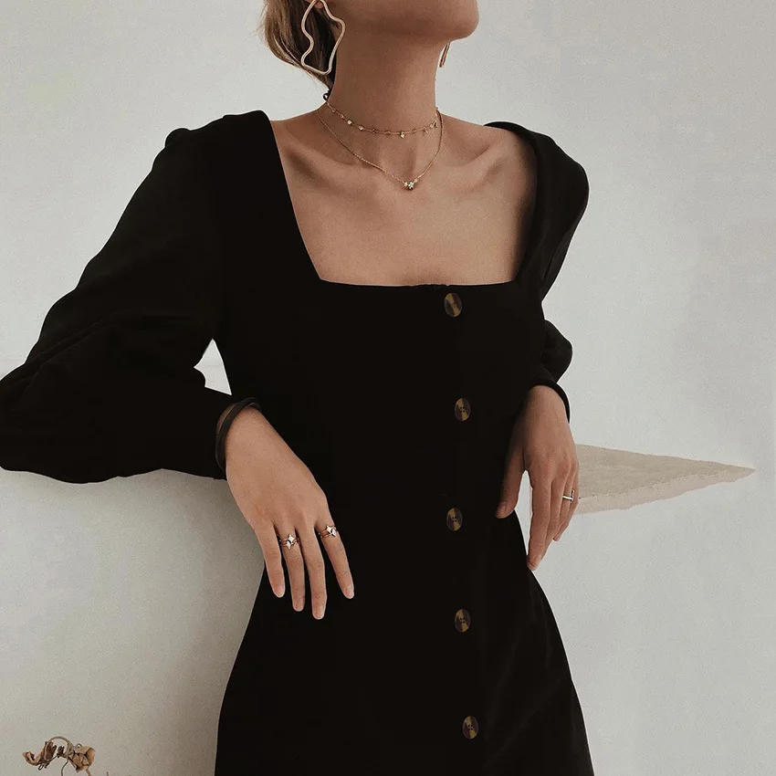

Women lantern sleeve square collar black dress