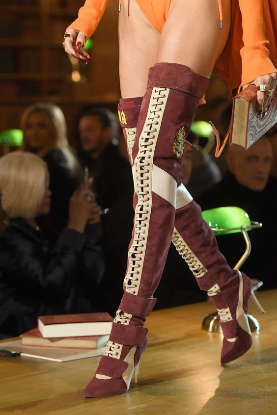 

2018 Woman Winter New Genuine Leather Mixed Color Thigh High Boots Female Pointed Toe Dress Runway Shoes Lady High Heels