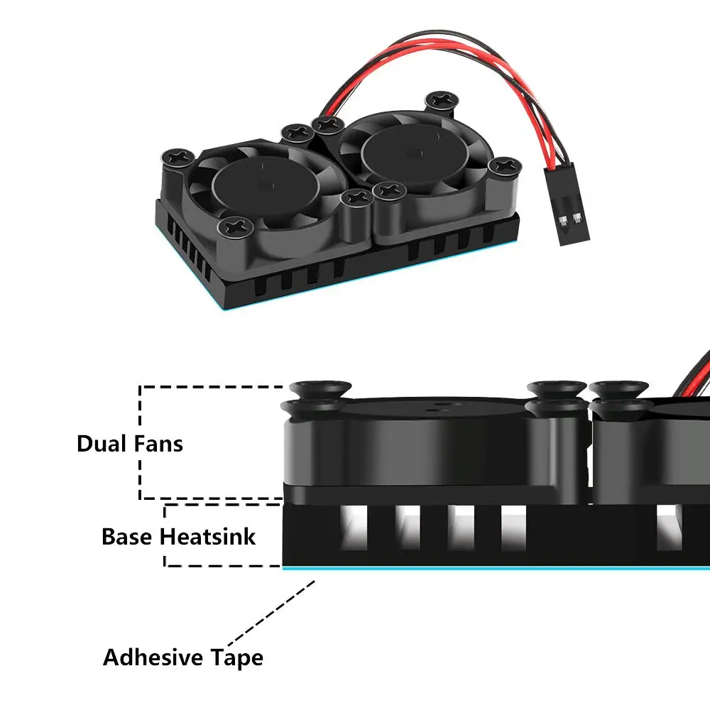 Охлаждающий вентилятор Raspberry Pi с теплопроводящей клейкой лентой и теплоотводом