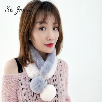 

ST.Jessi 2019 New Fashion Real Natural Rex Rabbit Fur Scarf Lovely Cute Ball with Magnetic Clasp Neck Warmer Free Shipping
