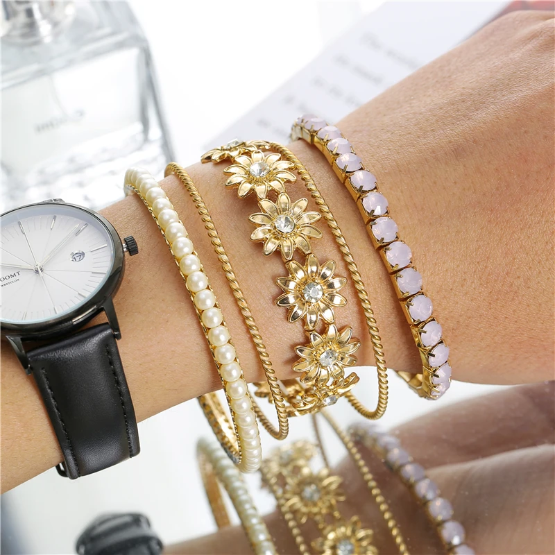 

New 5pcs/Set Charm Romantic Pink Crystal Pearl Beads Open Cuff Bangles/Bracelet Set Women Gold Metal Alloy Flowers Twist Bangle