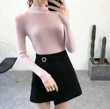 

Fashion Korean Styles Women Solid Mock Neck Fitted Pullover Basic Knit Sweater Shirt Blouse Top